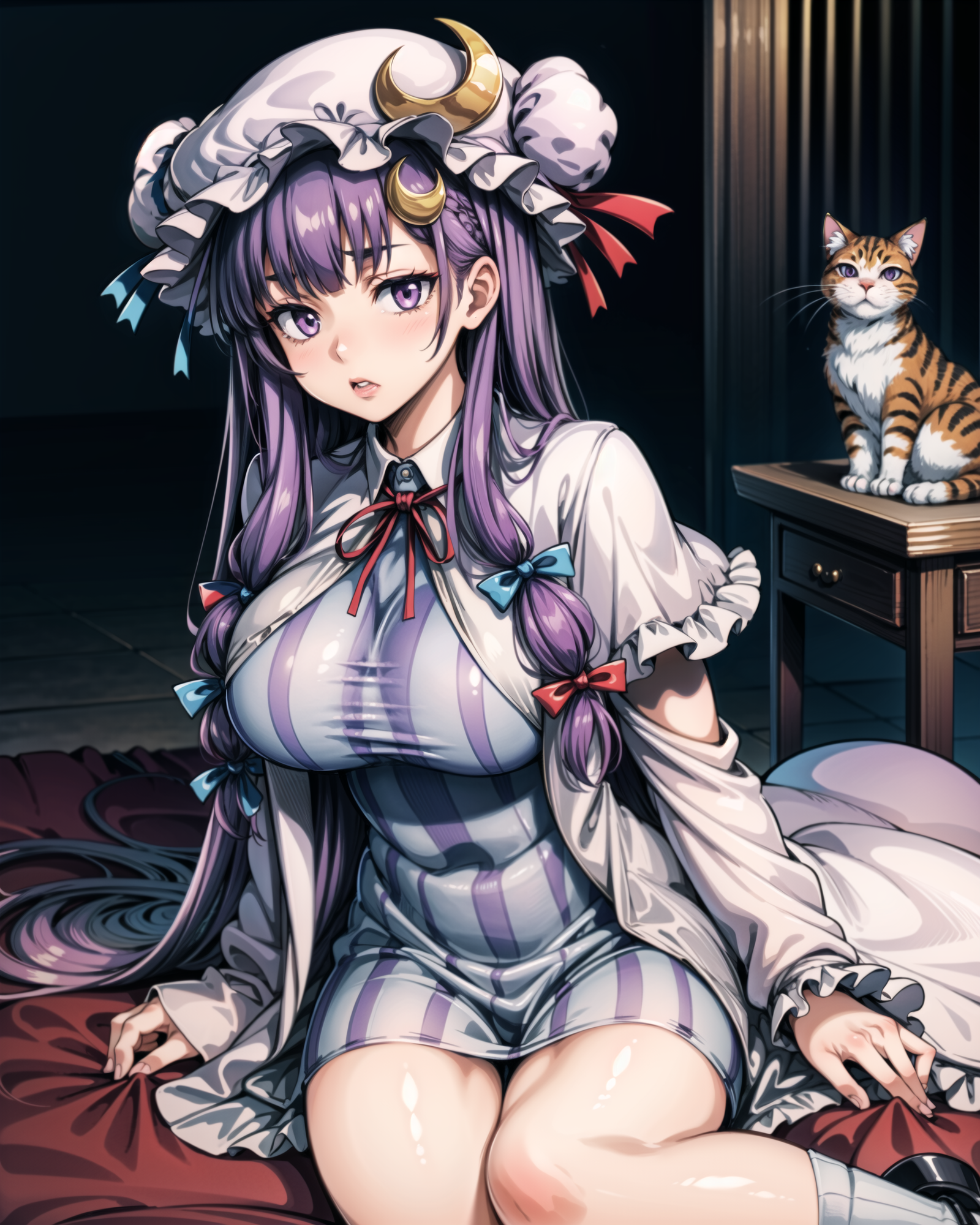 <lora:patchouli:1>,1girl,mature female,large breasts,patchouli knowledge, purple hair,purple eyes,mob cap,skirt,  cat,cres...